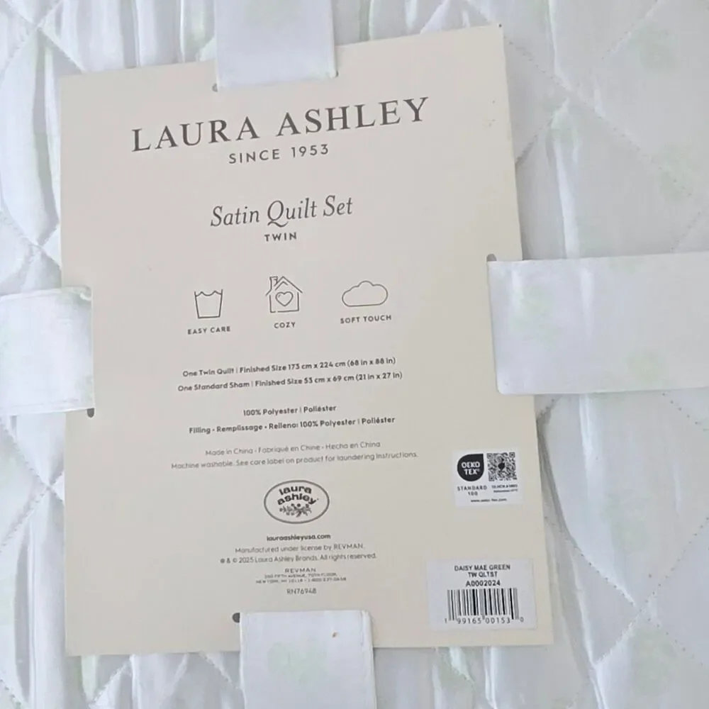 Laura Ashley Daisy Mae Green Twin Satin Quilt Set NWT Floral Quilted Bedding